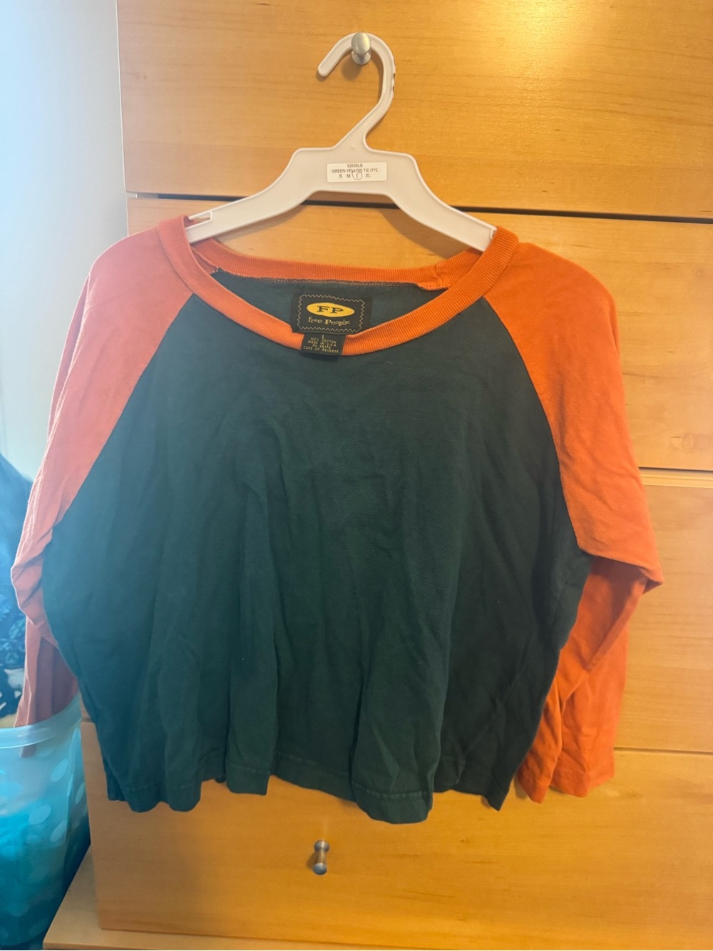 Vintage 90s Free People Green Raglan Crop Top with Orange Sleeves